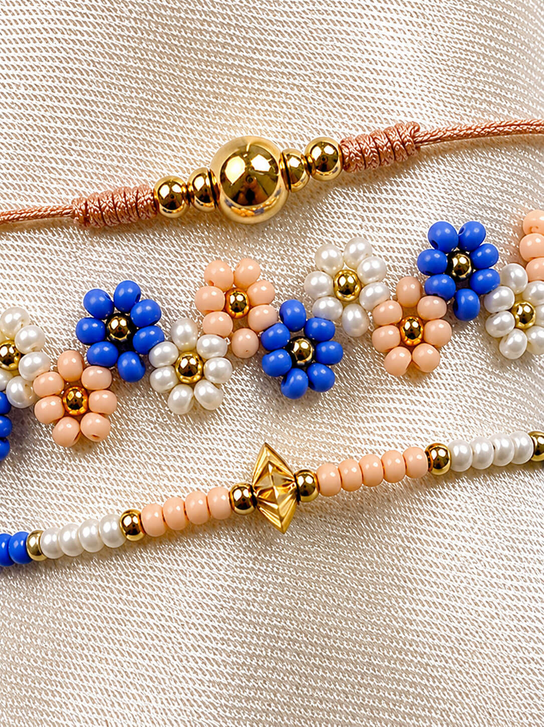 Set de Pulseras Flor Azul y Salmon en Mostacilla