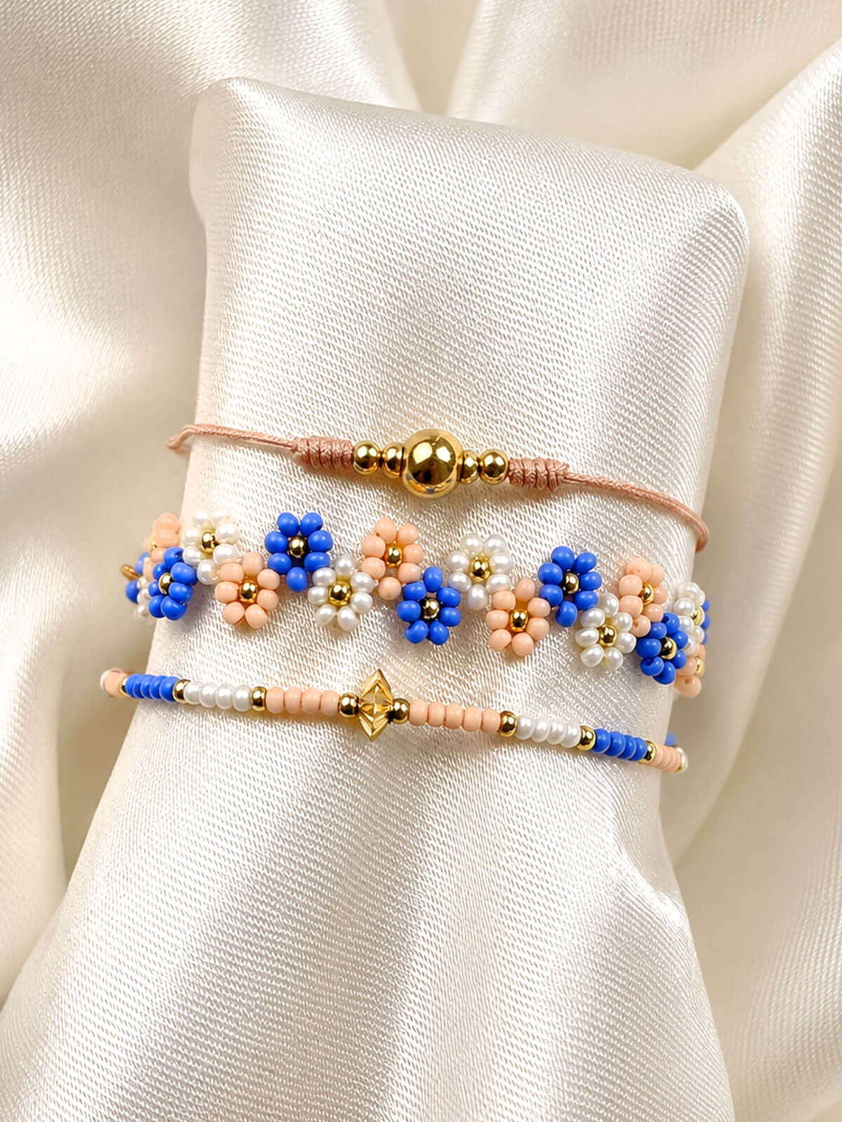Set de Pulseras Flor Azul y Salmon en Mostacilla